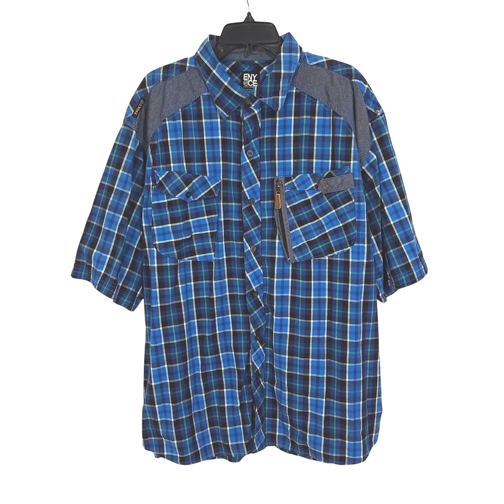 Enyce Button Up Shirt Mens 3X Blue Plaid Short Sleeve Cotton Streetwear Urban